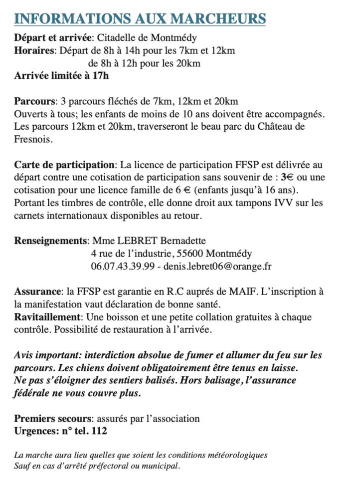 départ citadelle de 8h à 14h pour 7 et 12 kms et 8h à 12h 20 kms
arrivée limitée à 17h
parcours fléchés, ouvert à tous
renseignements Mme LEBRET 0607433999

