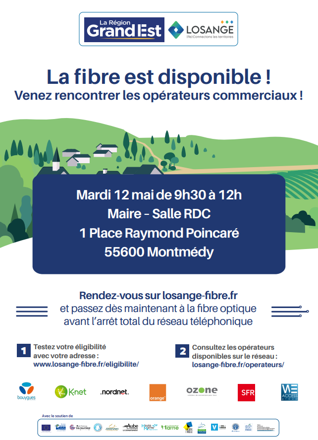 Mardi 12 mai de 9h30 à 12h
Maire – Salle RDC
1 Place Raymond Poincaré à Montmédy
